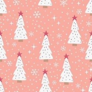 Christmas Trees & Snowflakes - Small Scale - Coral Pink Woodland Holiday Snow