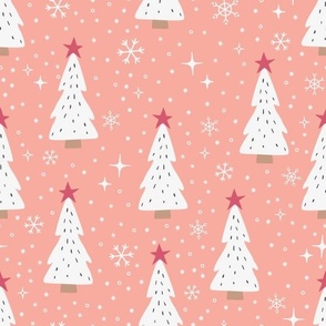 Christmas Trees & Snowflakes - Medium Scale - Coral Pink Woodland Holiday Snow