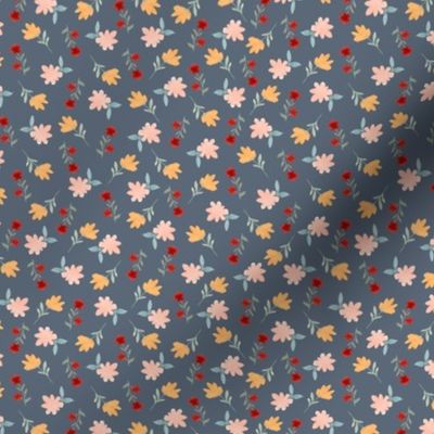 Itsy Ditsy Retro Inspired Floral on Grey Blue