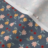 Itsy Ditsy Retro Inspired Floral on Grey Blue