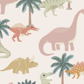 large scale Pastel girly Dinosaurs on Barely Pink
