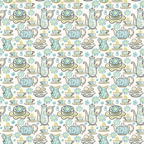 Dessert Tea Party Time With Sweet Treats - Whimsical Cute Aesthetic Cozy Teapot & Cup of Joy - Botanical Chamomile Summer Floral Mood  -  Maximalist Folk - Neutral Pastel Cream Beige Texture - Cyan Blue Dark Golden Yellow - 2 Smaller