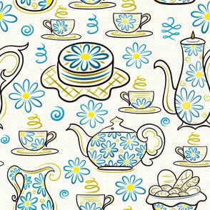 Dessert Tea Party Time With Sweet Treats - Whimsical Cute Aesthetic Cozy Teapot & Cup of Joy - Botanical Chamomile Summer Floral Mood  -  Maximalist Folk - Neutral Pastel Cream Beige Texture - Cyan Blue Dark Golden Yellow - Middle