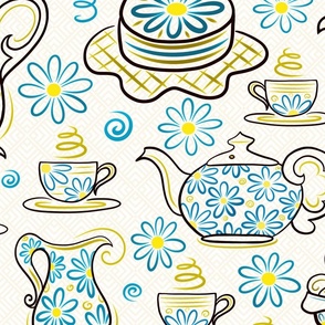 Dessert Tea Party Time With Sweet Treats - Whimsical Cute Aesthetic Cozy Teapot & Cup of Joy - Botanical Chamomile Summer Floral Mood  -  Maximalist Folk - Neutral Pastel Cream Beige Texture - Cyan Blue Dark Golden Yellow - Large