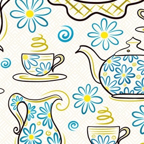 Dessert Tea Party Time With Sweet Treats - Whimsical Cute Aesthetic Cozy Teapot & Cup of Joy - Botanical Chamomile Summer Floral Mood  -  Maximalist Folk - Neutral Pastel Cream Beige Texture - Cyan Blue Dark Golden Yellow - Mega Large