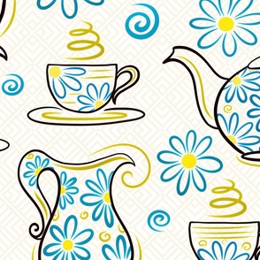 Dessert Tea Party Time With Sweet Treats - Whimsical Cute Aesthetic Cozy Teapot & Cup of Joy - Botanical Chamomile Summer Floral Mood  -  Maximalist Folk - Neutral Pastel Cream Beige Texture - Cyan Blue Dark Golden Yellow - Huge Mega Large