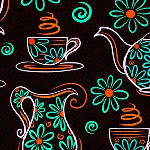  Dessert Tea Party Time With Sweet Treats - Whimsical Cute Aesthetic Cozy Teapot & Cup of Joy - Botanical Chamomile Summer Floral Mood  -  Maximalist Folk - Neutral Pastel Dark Texture Bioluminescence Sea Green Cyan Orange Magenta Pink - Huge Mega Large