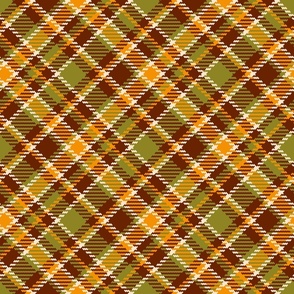 Retro 70s diagonal tartan brown orange moss