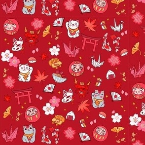 JAPAN red, daruma, lucky NEKO, torii, origami, momiji, sakura flower, japanese, asian