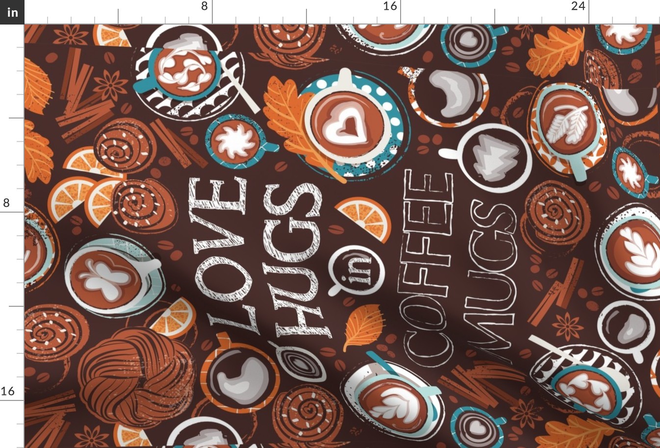 Love hugs in coffee mugs TEA TOWEL or WALL HANGING // expresso brown background lagoon orange and aqua cups and plates autumn leaves delicious cinnamon buns and cakes coffee stains and beans with quote