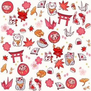 JAPAN white, daruma, lucky NEKO, torii, origami, momiji, sakura flower, japanese, asian