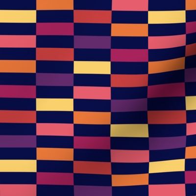 offset stripes, rectangles, blocks, navy, salmon, coral, purple, yellow, orange, raspberry