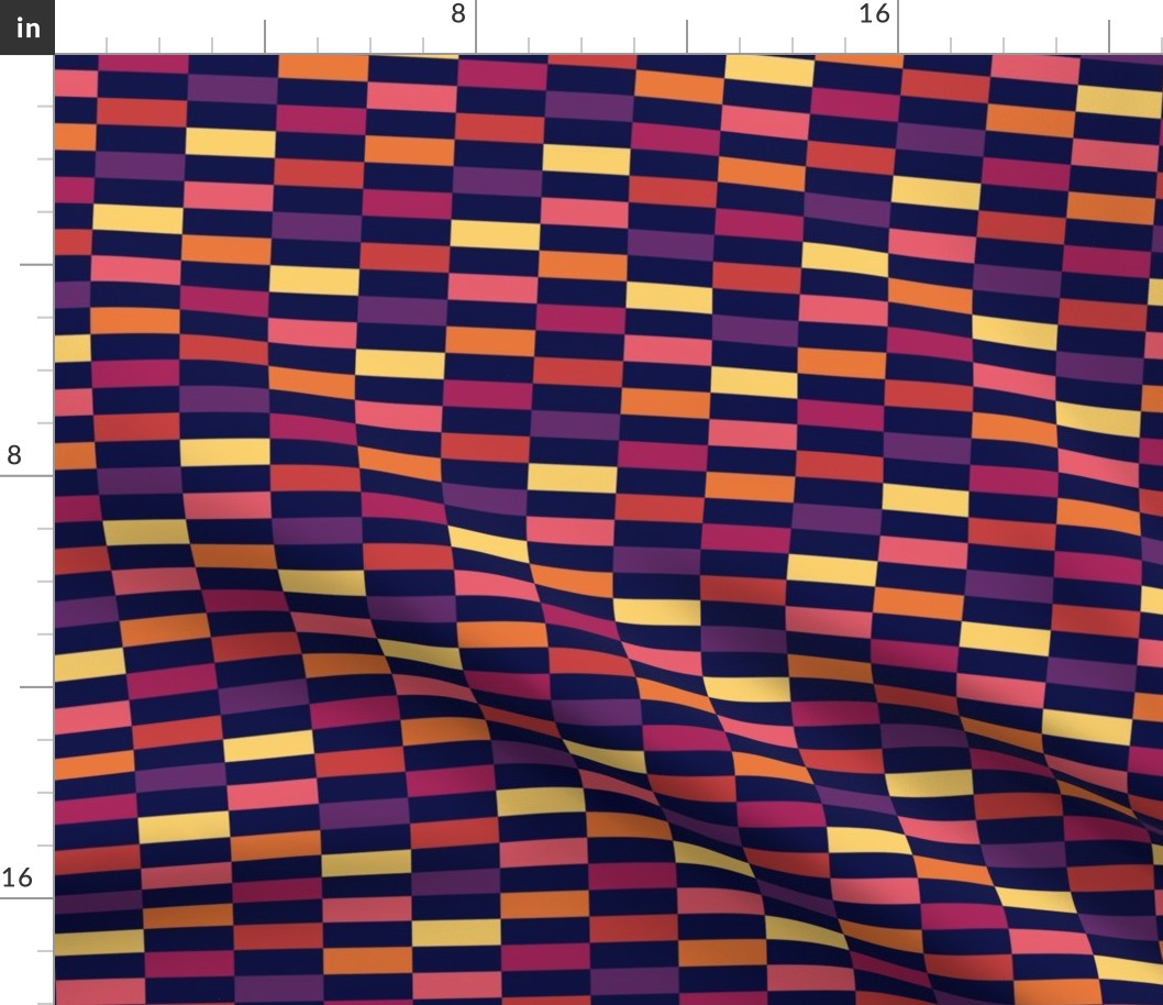 offset stripes, rectangles, blocks, navy, salmon, coral, purple, yellow, orange, raspberry