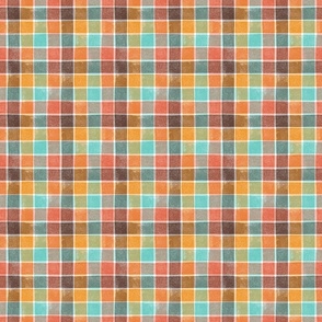Distressed Fall Gingham in Orange, Brown, and Turquoise - Medium Scale