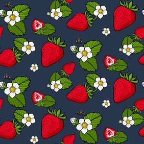 Strawberries and blooms on navy - Medium Format