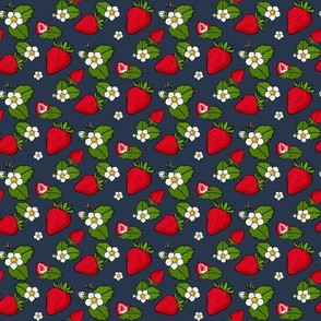 Strawberries and blooms on navy - small format