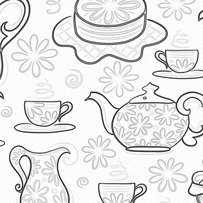 Dessert Tea Party Time With Sweet Treats - Whimsical Cute Aesthetic Cozy Teapot & Cup of Joy - Botanical Chamomile Summer Floral Mood  -  Maximalist Folk - Neutral Pastel Cream Beige Texture - Black Silver Gray White - Large