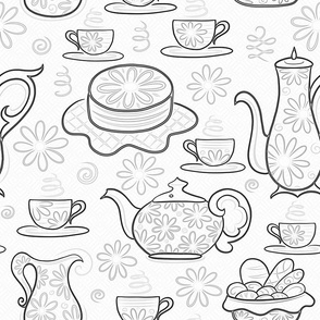 Dessert Tea Party Time With Sweet Treats - Whimsical Cute Aesthetic Cozy Teapot & Cup of Joy - Botanical Chamomile Summer Floral Mood  -  Maximalist Folk - Neutral Pastel Cream Beige Texture - Black Silver Gray White - Middle