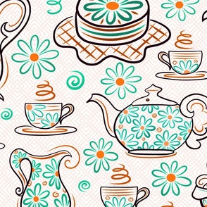  Dessert Tea Party Time With Sweet Treats - Whimsical Cute Aesthetic Cozy Teapot & Cup of Joy - Botanical Chamomile Summer Floral Mood  -  Maximalist Folk - Neutral Pastel Cream Pink Beige Texture - Green Cyan Pumpkin Orange White - Large
