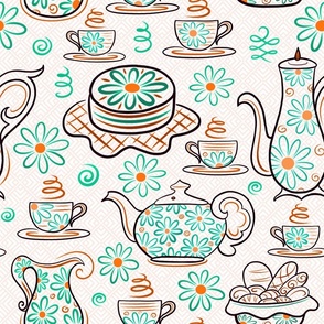  Dessert Tea Party Time With Sweet Treats - Whimsical Cute Aesthetic Cozy Teapot & Cup of Joy - Botanical Chamomile Summer Floral Mood  -  Maximalist Folk - Neutral Pastel Cream Pink Beige Texture - Green Cyan Pumpkin Orange White - Middle