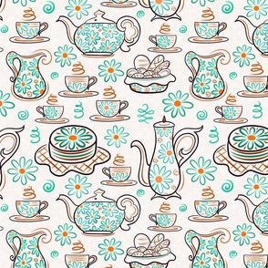  Dessert Tea Party Time With Sweet Treats - Whimsical Cute Aesthetic Cozy Teapot & Cup of Joy - Botanical Chamomile Summer Floral Mood  -  Maximalist Folk - Neutral Pastel Cream Pink Beige Texture - Green Cyan Pumpkin Orange White - Small