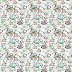  Dessert Tea Party Time With Sweet Treats - Whimsical Cute Aesthetic Cozy Teapot & Cup of Joy - Botanical Chamomile Summer Floral Mood  -  Maximalist Folk - Neutral Pastel Cream Pink Beige Texture - Green Cyan Pumpkin Orange White - 2 Smaller