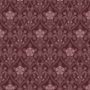 Gothic Revival roses and lilies, muted burgundy, 8W