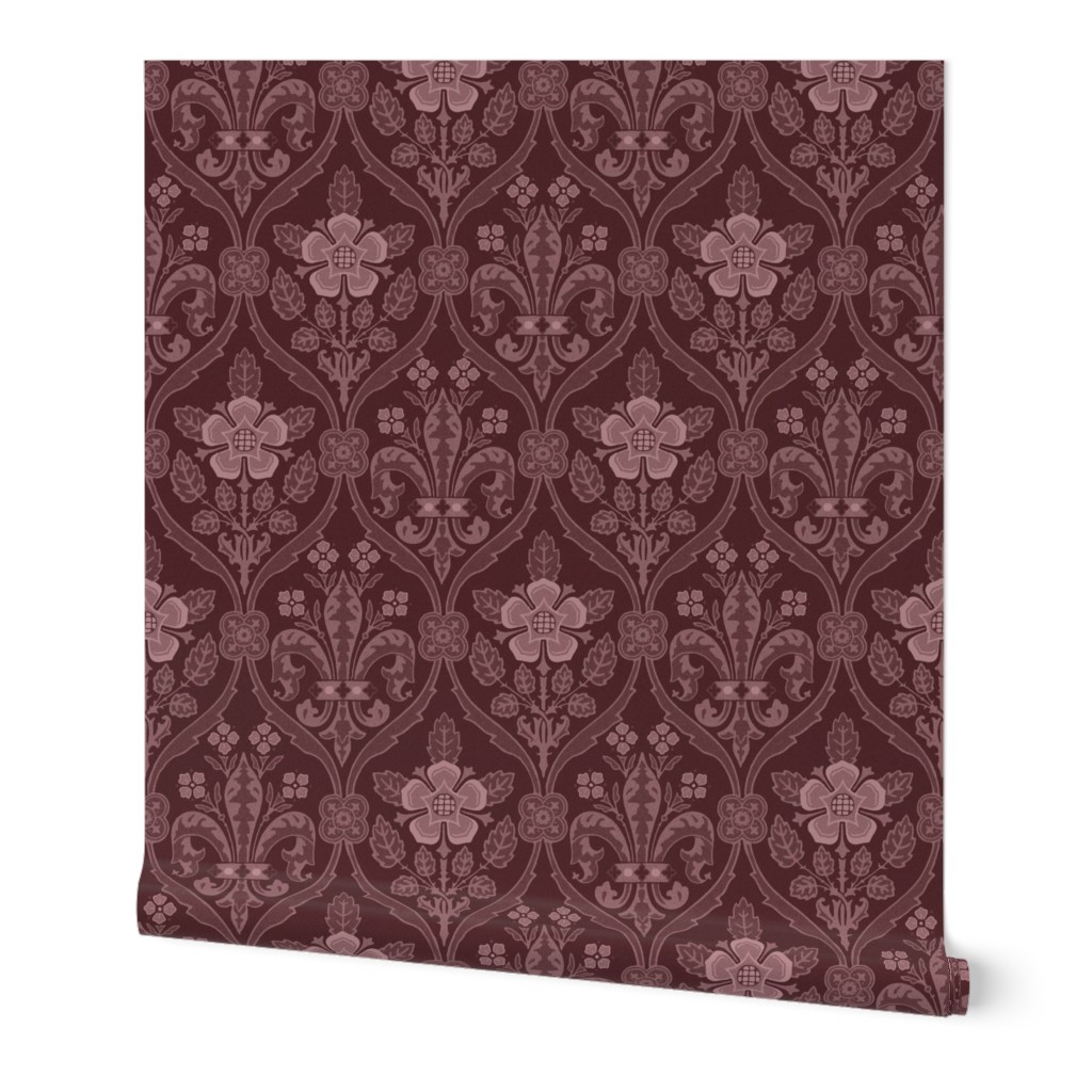 Gothic Revival roses and lilies - muted burgundy 12W