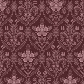 Gothic Revival roses and lilies, muted burgundy, 12W