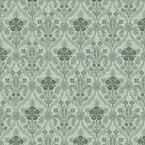 Gothic Revival roses and lilies, pale jade green, 8W