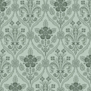 Gothic Revival roses and lilies, pale jade green, 12W