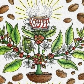 From humble bean to cup of coffee! medium large scale, red green white brown black yellow light gray hand drawn foodies fika Swedish light colors damask