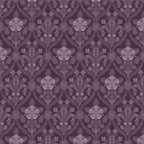 Gothic Revival roses and lilies, muted aubergine, 8W