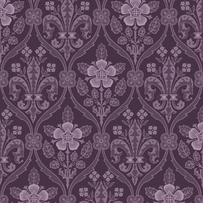 Gothic Revival roses and lilies, muted aubergine, 12W