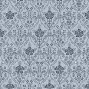 Gothic Revival roses and lilies, dusty blue, 8W