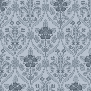 Gothic Revival roses and lilies, dusty blue, 12W