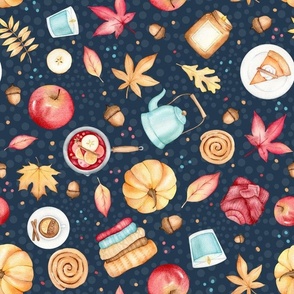 Large Scale Happy Fall Sweater Weather Autumn Leaves Pumpkins Apples on Navy