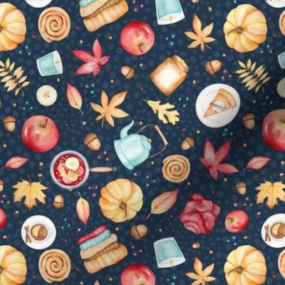 Medium Scale Happy Fall Sweater Weather Autumn Leaves Pumpkins Apples on Navy