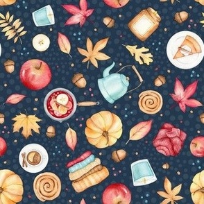 Medium Scale Happy Fall Sweater Weather Autumn Leaves Pumpkins Apples on Navy