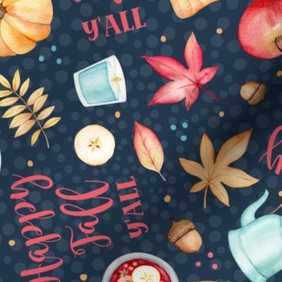 Large Scale Happy Fall Y'all Sweater Weather Autumn Leaves Pumpkins Apples on Navy