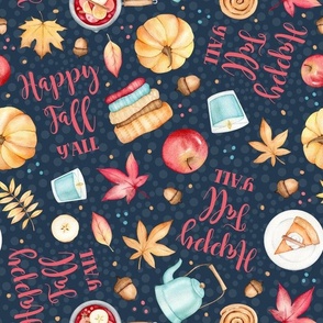 Large Scale Happy Fall Y'all Sweater Weather Autumn Leaves Pumpkins Apples on Navy