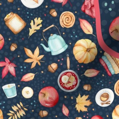 Large 27x18 Panel Happy Fall Y'all Sweater Weather Autumn Leaves Pumpkins Apples on Navy for Tea Towel Garden Flag or Wall Hanging