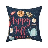 18x18 Panel Happy Fall Y'all Sweater Weather Autumn Leaves Pumpkins Apples on Navy for DIY Throw Pillow or Cushion Cover