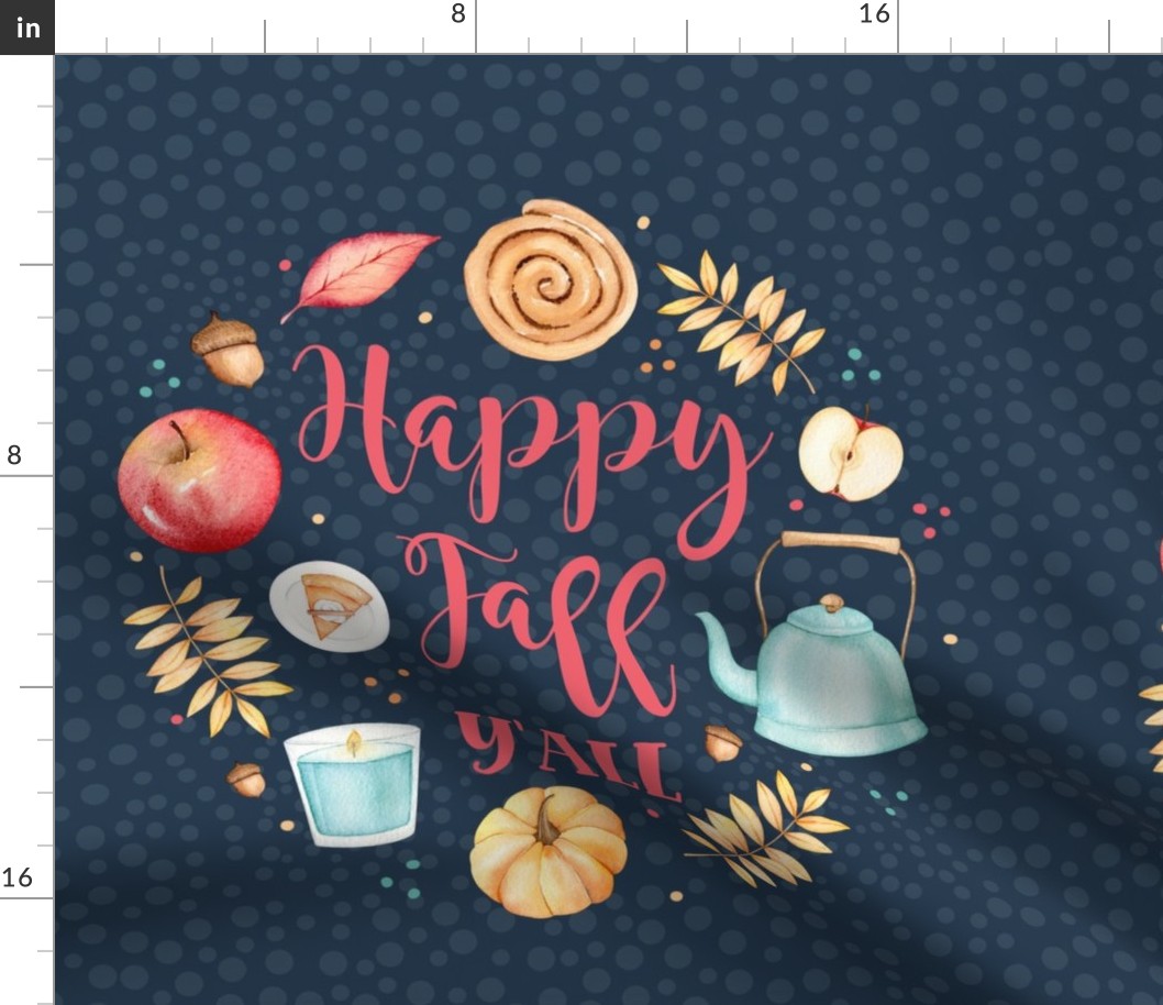 18x18 Panel Happy Fall Y'all Sweater Weather Autumn Leaves Pumpkins Apples on Navy for DIY Throw Pillow or Cushion Cover