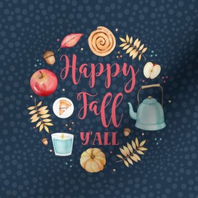 6" Circle Panel Happy Fall Y'all Sweater Weather Autumn Leaves Pumpkins Apples on Navy for Embroidery Hoop Potholder or Quilt Square