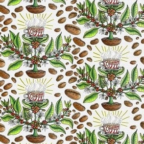 From humble bean to cup of coffee! small scale, red green white brown black yellow light gray hand drawn foodies fika Swedish light colors damask