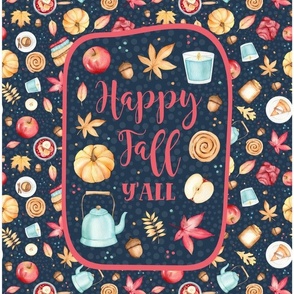 14x18 Panel Happy Fall Y'all Sweater Weather Autumn Leaves Pumpkins Apples on Navy for DIY Garden Flag Small Kitchen Towel or Wall Hanging