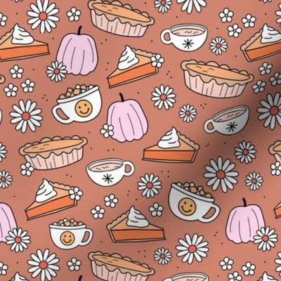 Cutesie Thanksgiving - hot chocolate and pumpkin pie autumn snacks with smileys and daisies pink orange yellow girls vintage palette