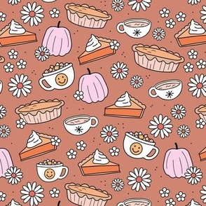 Cutesie Thanksgiving - hot chocolate and pumpkin pie autumn snacks with smileys and daisies pink orange yellow girls vintage palette