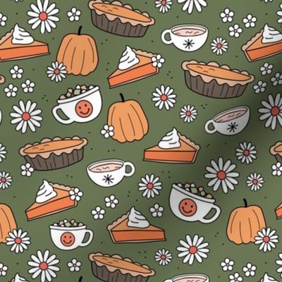 Cutesie Thanksgiving - hot chocolate and pumpkin pie autumn snacks with smileys and retro daisies vintage orange on olive green